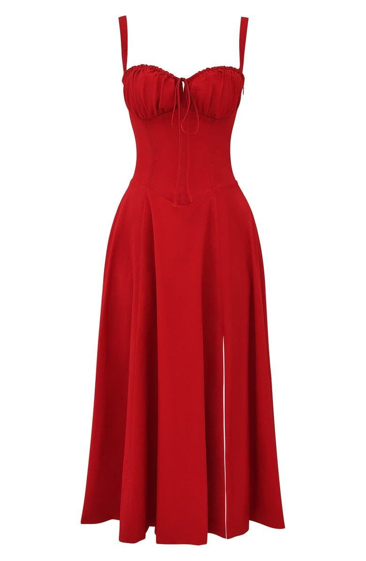 "Robe midi élégante à corset pour femme, jupe fluide et corsage flatteur, idéale pour événements formels et décontractés."