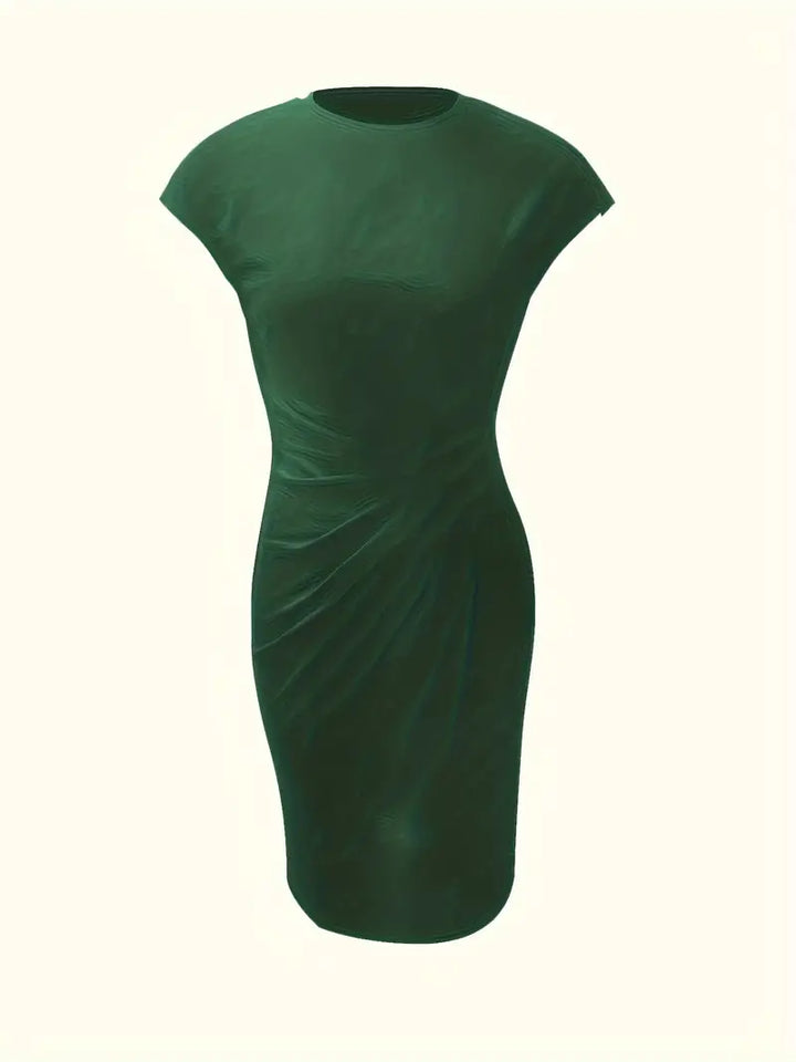 "Robe midi Mylène femme élégante polyvalente, col rond, taille ajustée, diverses couleurs, silhouette flatteuse."