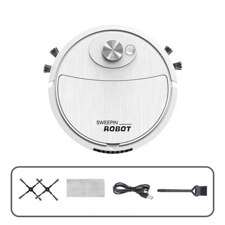 Czarno-biały robot odkurzający 3-w-1, kompaktowa konstrukcja, odkurza, zamiata, zmywa, idealny do wydajnego i cichego sprzątania domu