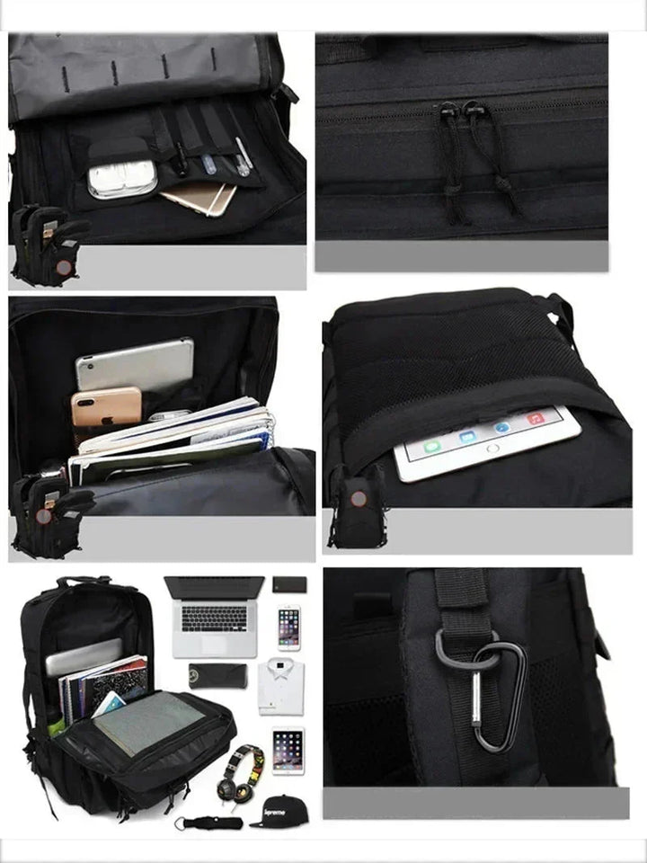 Wodoodporny plecak 50L z wytrzymałego nylonu, z trzema przegródkami, systemem MOLLE, idealny na świeżym powietrzu i piesze wycieczki.