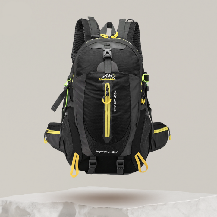 Szary wodoodporny plecak 40L z wieloma przegrodami, idealny do wędrówek i trekkingu na świeżym powietrzu.