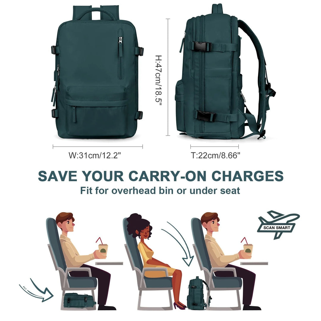 Wodoodporny plecak w kolorze granatowym, duży, z portem USB i zabezpieczeniem przed kradzieżą, idealny do podróży i wędrówek.