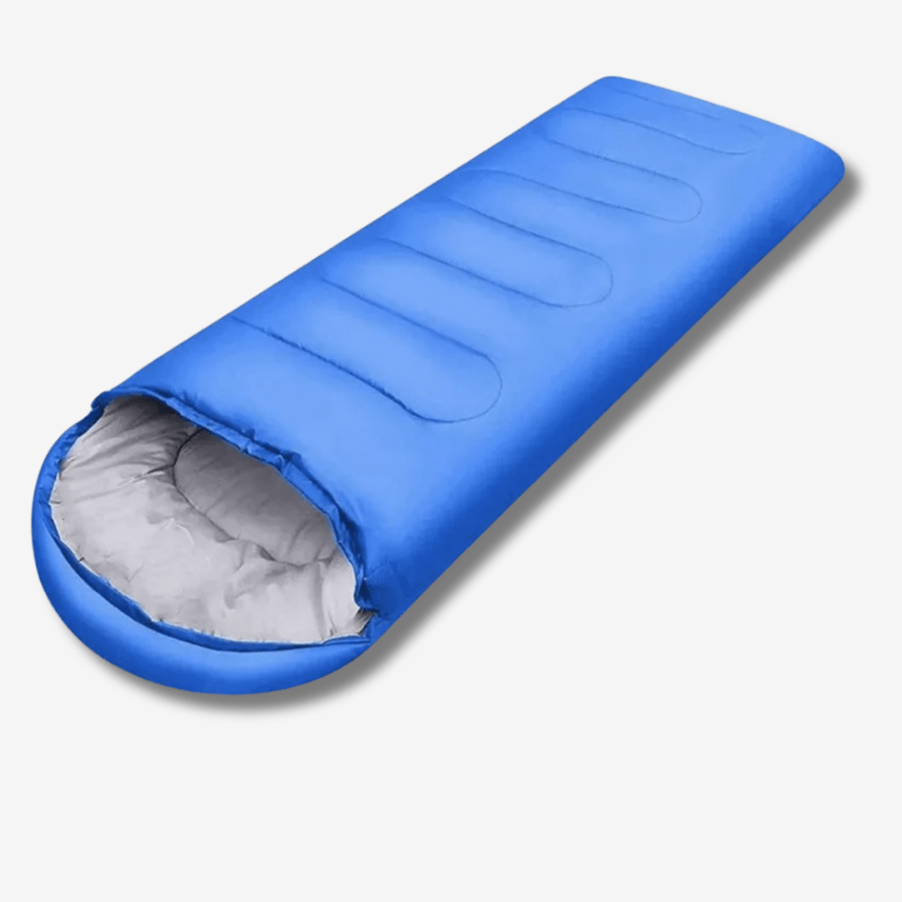 Lekki niebieski śpiwór kempingowy, poliestrowy, wymiary 210 x 75 cm, idealny na wędrówki i pod namiot.