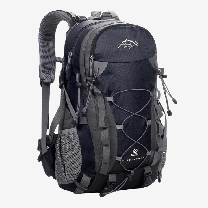Niebieski plecak trekkingowy 40L, wentylowane plecy, regulowane szelki, idealny na wędrówki, duża pojemność, ergonomiczny design.