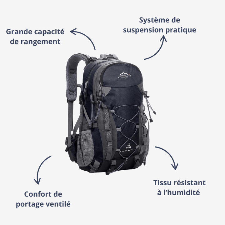 Niebieski plecak trekkingowy 40L, wentylowane plecy, regulowane szelki, idealny na wędrówki, duża pojemność, ergonomiczny design.