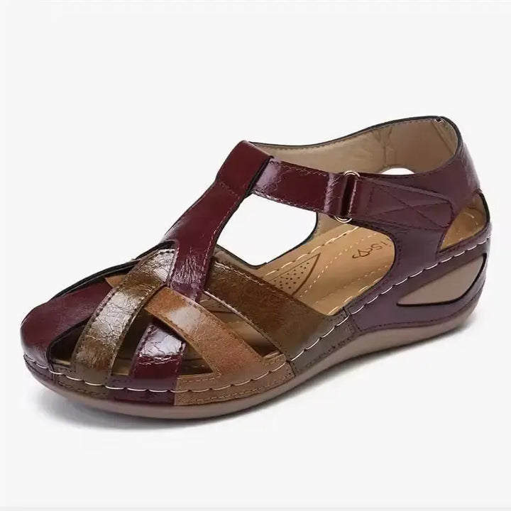 Damskie sandały ortopedyczne vintage, ekstremalny komfort, elegancki brązowy skórzany design, antypoślizgowa podeszwa.
