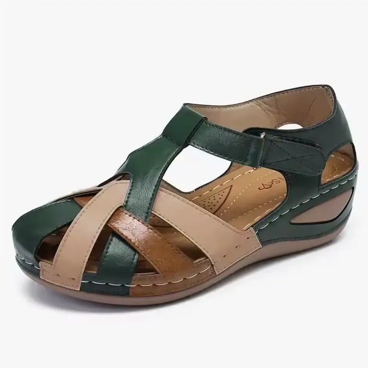 Damskie sandały ortopedyczne vintage, ekstremalny komfort, elegancki brązowy skórzany design, antypoślizgowa podeszwa.