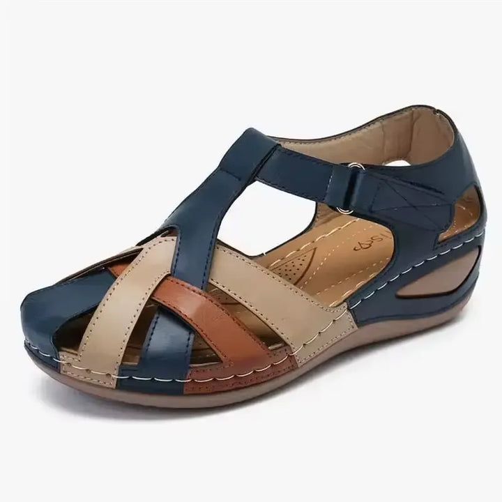 Damskie sandały ortopedyczne vintage, ekstremalny komfort, elegancki brązowy skórzany design, antypoślizgowa podeszwa.