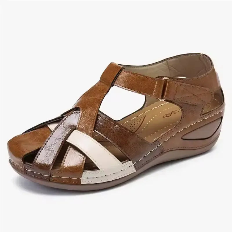 Damskie sandały ortopedyczne vintage, ekstremalny komfort, elegancki brązowy skórzany design, antypoślizgowa podeszwa.
