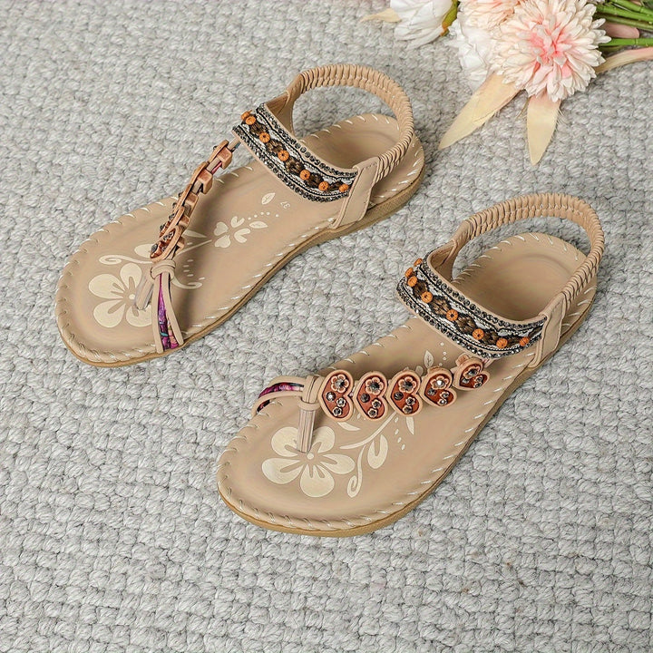 Sandały japonki w stylu boho z koralikowymi kwiatami, elastycznym paskiem, miękką podeszwą, letni styl dla kobiet
