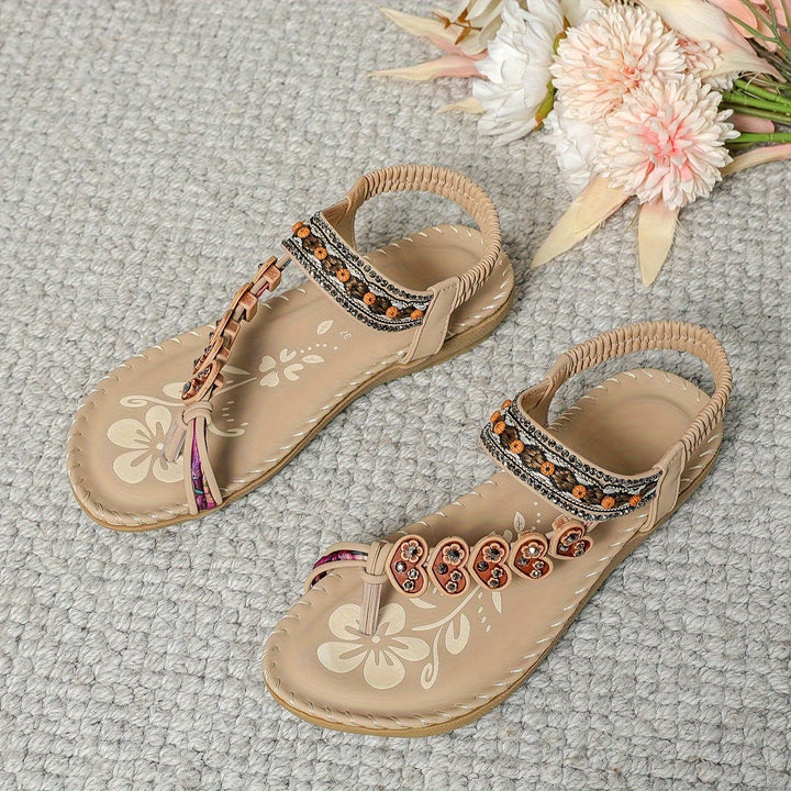 Sandały japonki w stylu boho z koralikowymi kwiatami, elastycznym paskiem, miękką podeszwą, letni styl dla kobiet