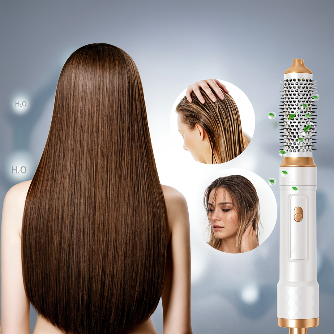 Suszarka do włosów 5 w 1 do profesjonalnej stylizacji, z różnymi nasadkami, do włosów gładkich lub kręconych, ergonomiczny design, czarna i złota.