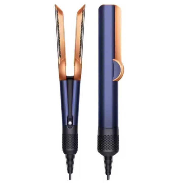 Suszarko-prostownica 2w1 w kolorze niebieskim i złoto-szarym, elegancki design, z regulacją temperatury, lekka do podróży
