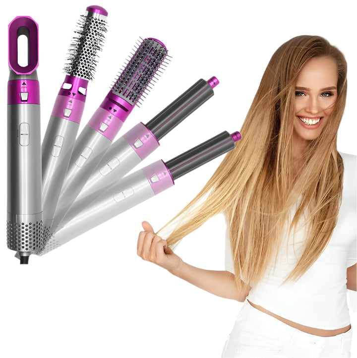 Wielofunkcyjna suszarka do włosów Styler Pro, elegancka, czarna, z wymiennymi nakładkami do różnych stylizacji, takich jak loki i prostowanie.