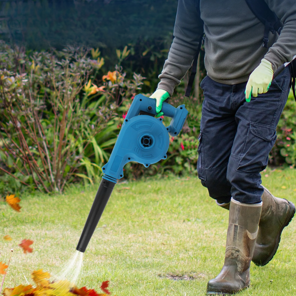 Kompaktowa, zielona, bezprzewodowa dmuchawa i odkurzacz elektryczny, ergonomiczny, z baterią w zestawie, do szybkiego czyszczenia zewnętrznego.