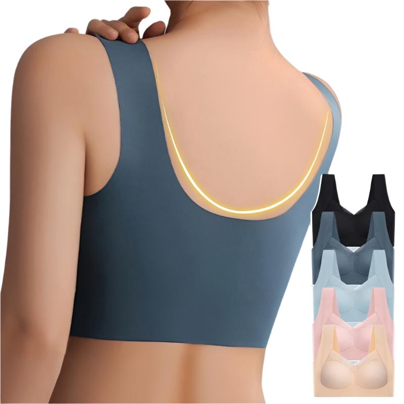 Beżowy bezszwowy biustonosz, wygodny, dopasowujący się do sylwetki, idealny pod obcisłe ubrania, miękki materiał.