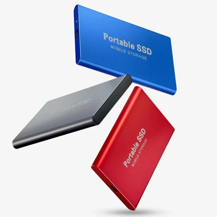 Kompaktowy i szybki zewnętrzny dysk SSD z aluminium, interfejs USB 3.1, widok z góry, idealny do przenośnego przechowywania danych.