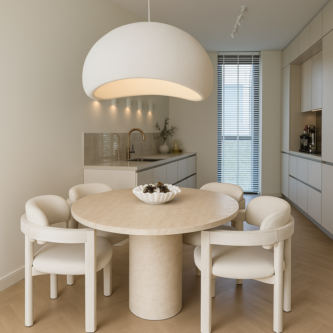 Nowoczesna lampa wisząca Kanso o czystym designie, w stylu Wabi Sabi, w jasnych i szarych odcieniach, z nowoczesnymi liniami, tworząca spokojną atmosferę we wnętrzu.