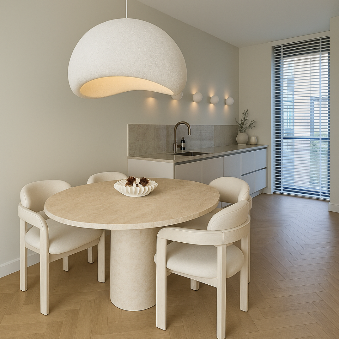 Nowoczesna lampa wisząca Kanso o czystym designie, w stylu Wabi Sabi, w jasnych i szarych odcieniach, z nowoczesnymi liniami, tworząca spokojną atmosferę we wnętrzu.