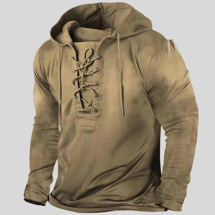 Męska bluza z kapturem Rugged Elegance, unikalne sznurowanie z przodu, kieszenie boczne, styl vintage w kolorze khaki. Zdjęcie 2.