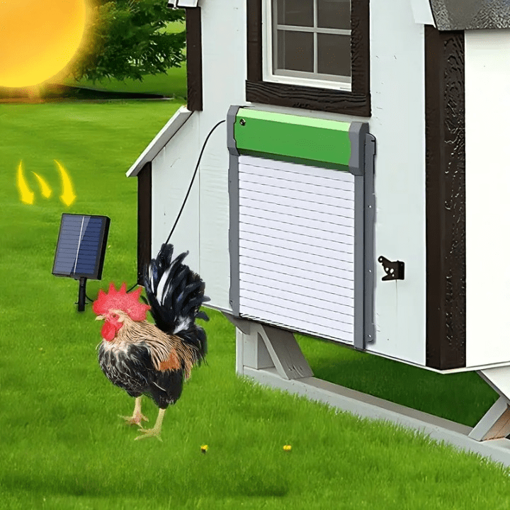 Solidny, wodoodporny, zasilany słonecznie automatyczny system drzwi do kurnika, wykonany z aluminium i ABS, w kolorze szaro-zielonym.