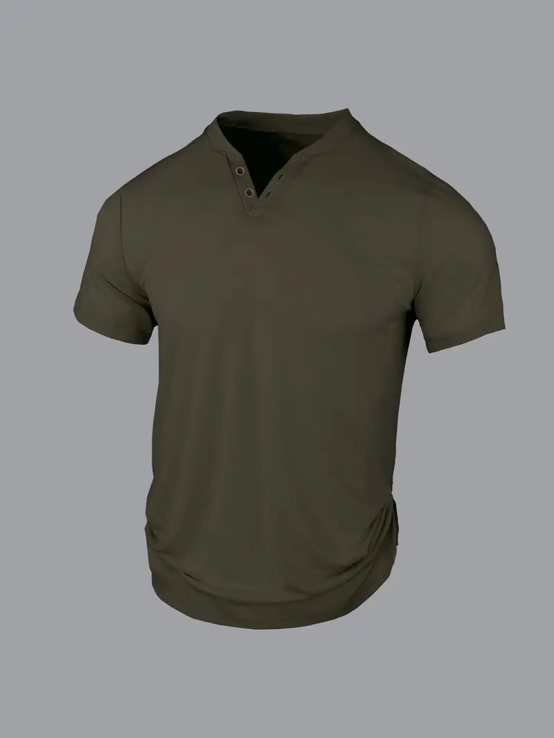 Męska elegancka koszulka Henley w kolorze zielonym, klasyczny krój, lekki i oddychający materiał, swobodny i wyrafinowany styl.