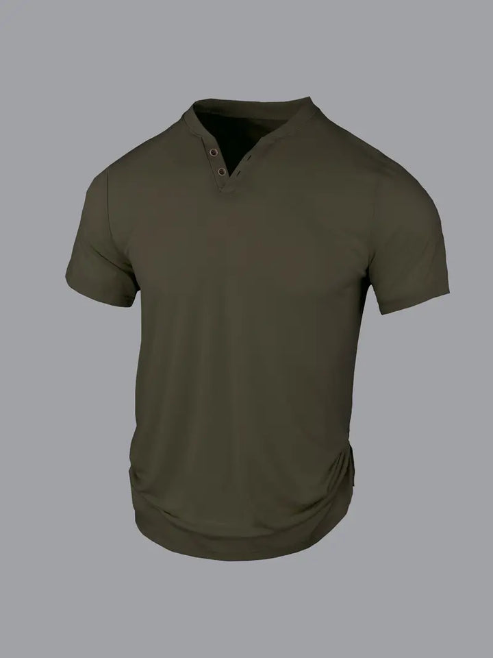 Męska elegancka koszulka Henley w kolorze zielonym, klasyczny krój, lekki i oddychający materiał, swobodny i wyrafinowany styl.