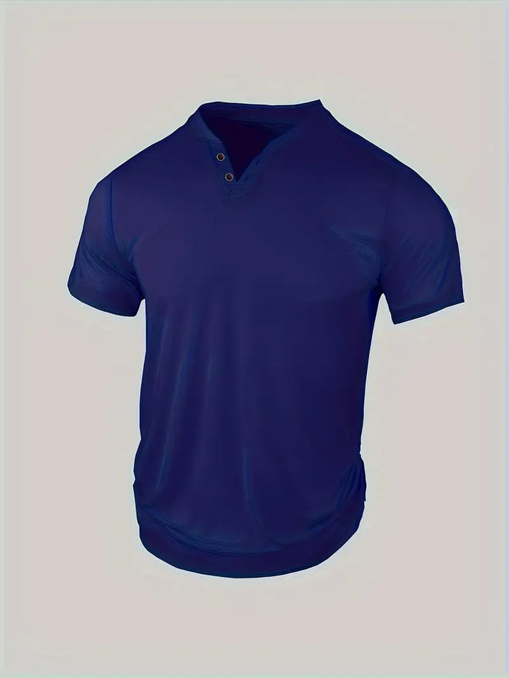 Męska elegancka koszulka Henley w kolorze zielonym, klasyczny krój, lekki i oddychający materiał, swobodny i wyrafinowany styl.