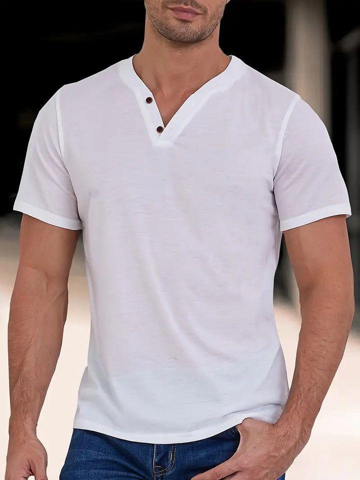 Męska elegancka koszulka Henley w kolorze zielonym, klasyczny krój, lekki i oddychający materiał, swobodny i wyrafinowany styl.