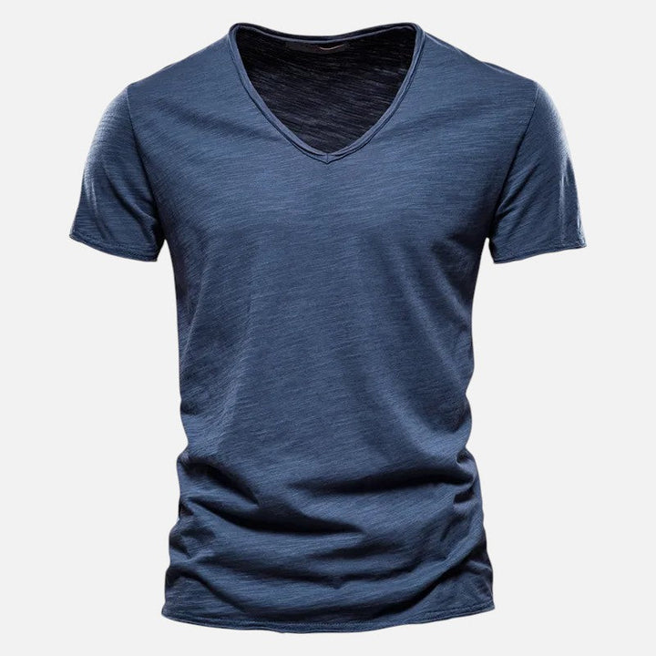 Męski t-shirt bawełniany z dekoltem w serek, krótkimi rękawami, miękki, przewiewny, nowoczesny i wygodny, idealny na każdą okazję.