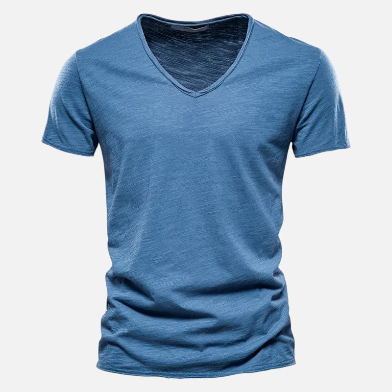 Męski t-shirt bawełniany z dekoltem w serek, krótkimi rękawami, miękki, przewiewny, nowoczesny i wygodny, idealny na każdą okazję.