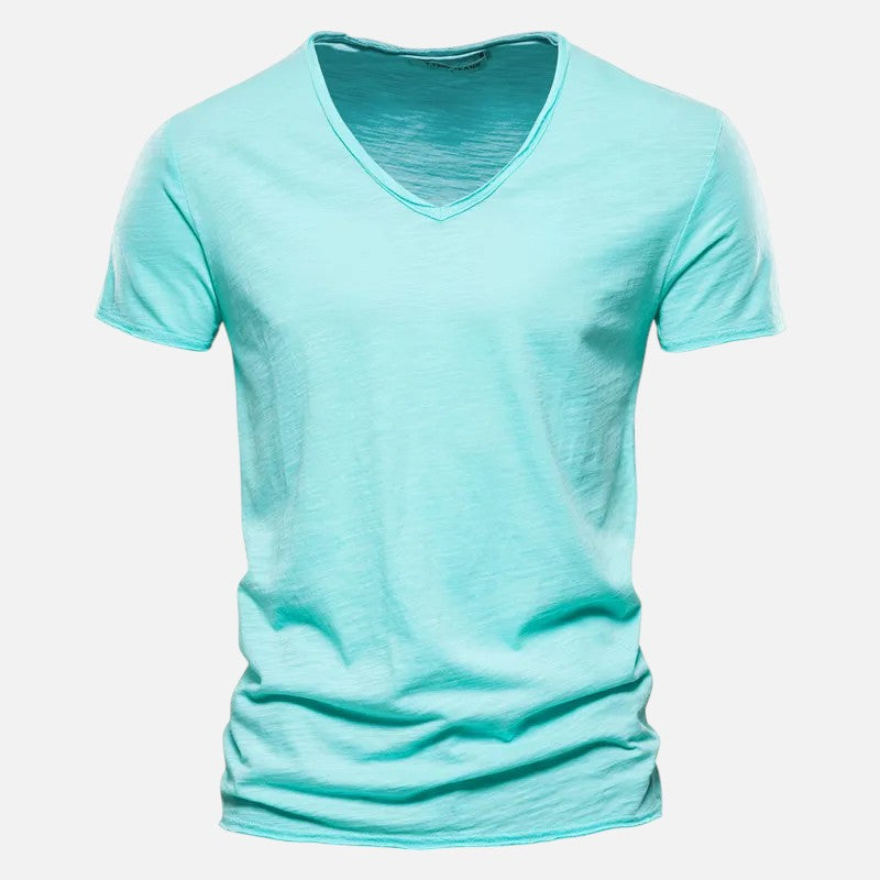 Męski t-shirt bawełniany z dekoltem w serek, krótkimi rękawami, miękki, przewiewny, nowoczesny i wygodny, idealny na każdą okazję.