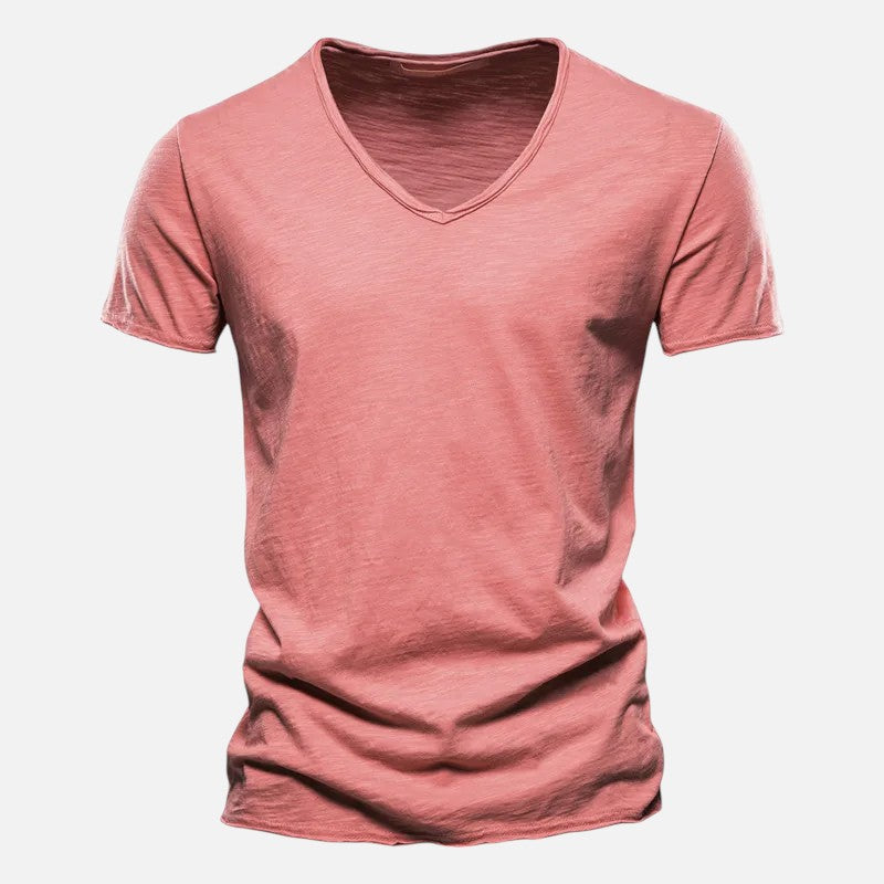 Męski t-shirt bawełniany z dekoltem w serek, krótkimi rękawami, miękki, przewiewny, nowoczesny i wygodny, idealny na każdą okazję.