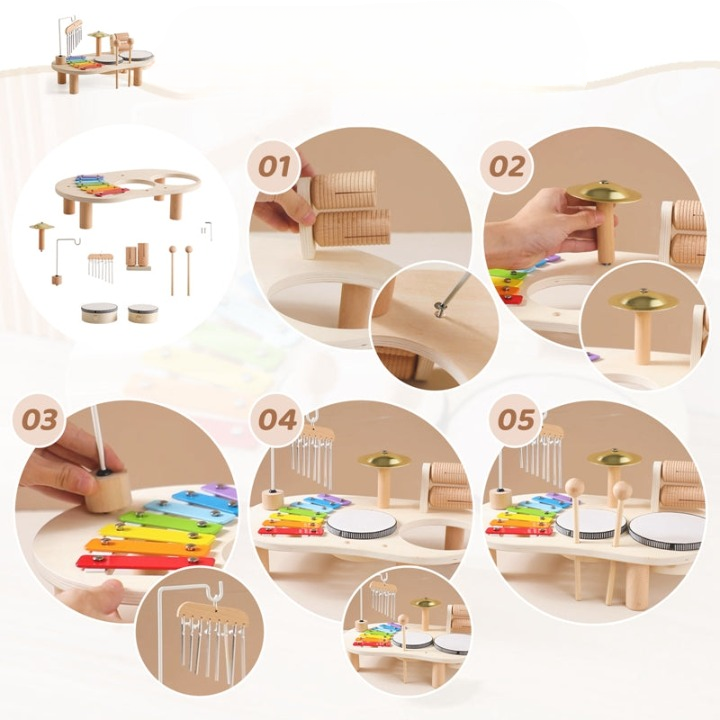 Table de musique en bois pour tout-petits avec xylophone et tambours, couleurs vives, stimule créativité et sens enfantins.