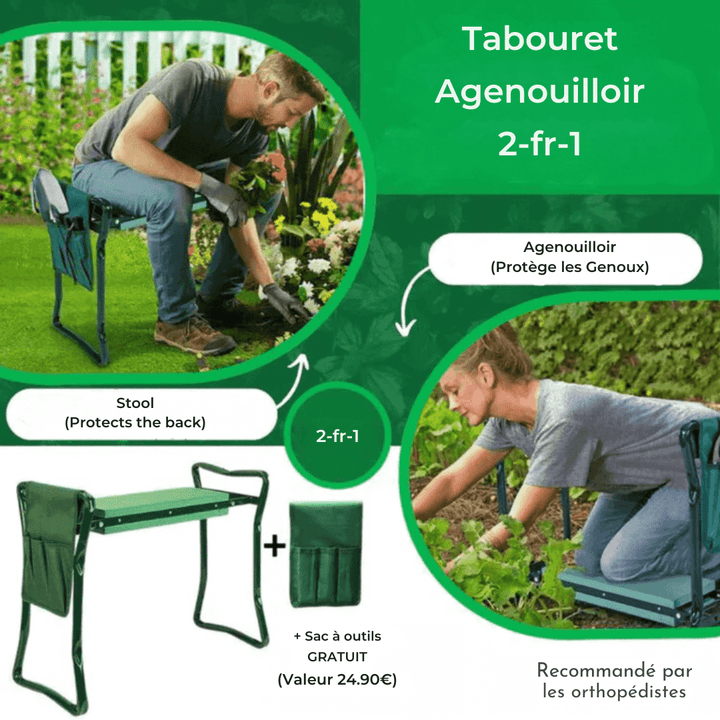 Wielofunkcyjny stalowy stołek klęcznik z grubą piankową poduszką, widok z przodu, solidny i komfortowy.