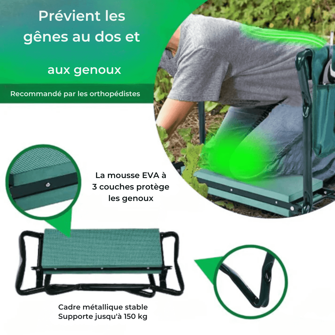 Wielofunkcyjny stalowy stołek klęcznik z grubą piankową poduszką, widok z przodu, solidny i komfortowy.