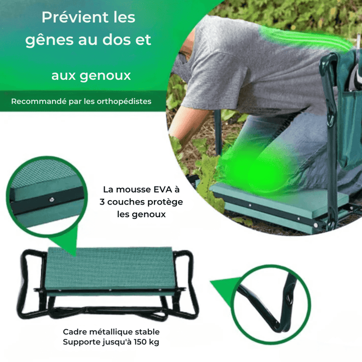 Wielofunkcyjny stalowy stołek klęcznik z grubą piankową poduszką, widok z przodu, solidny i komfortowy.