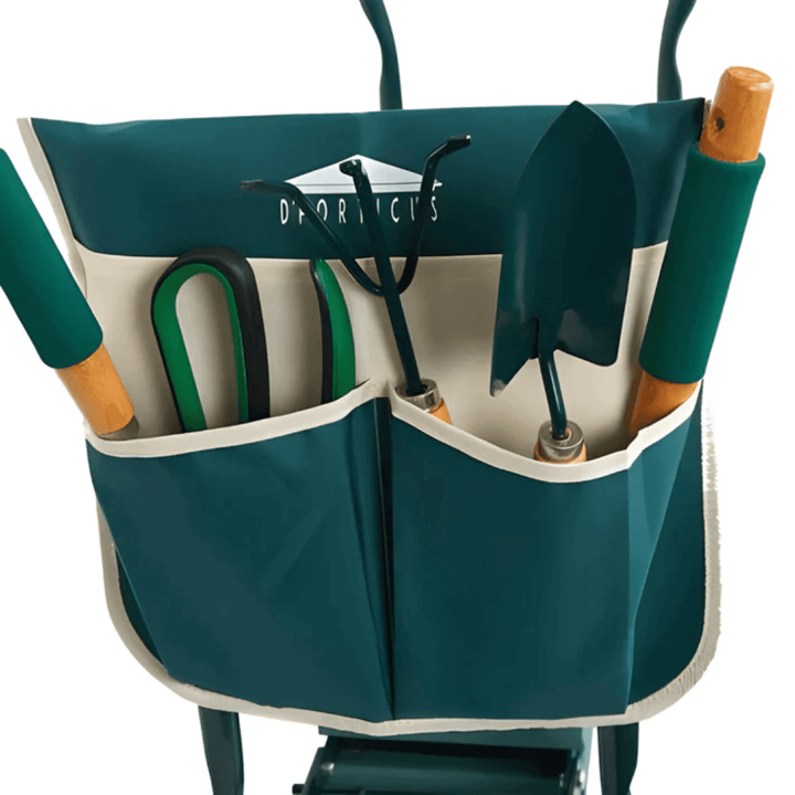 Wielofunkcyjny stalowy stołek klęcznik z grubą piankową poduszką, widok z przodu, solidny i komfortowy.