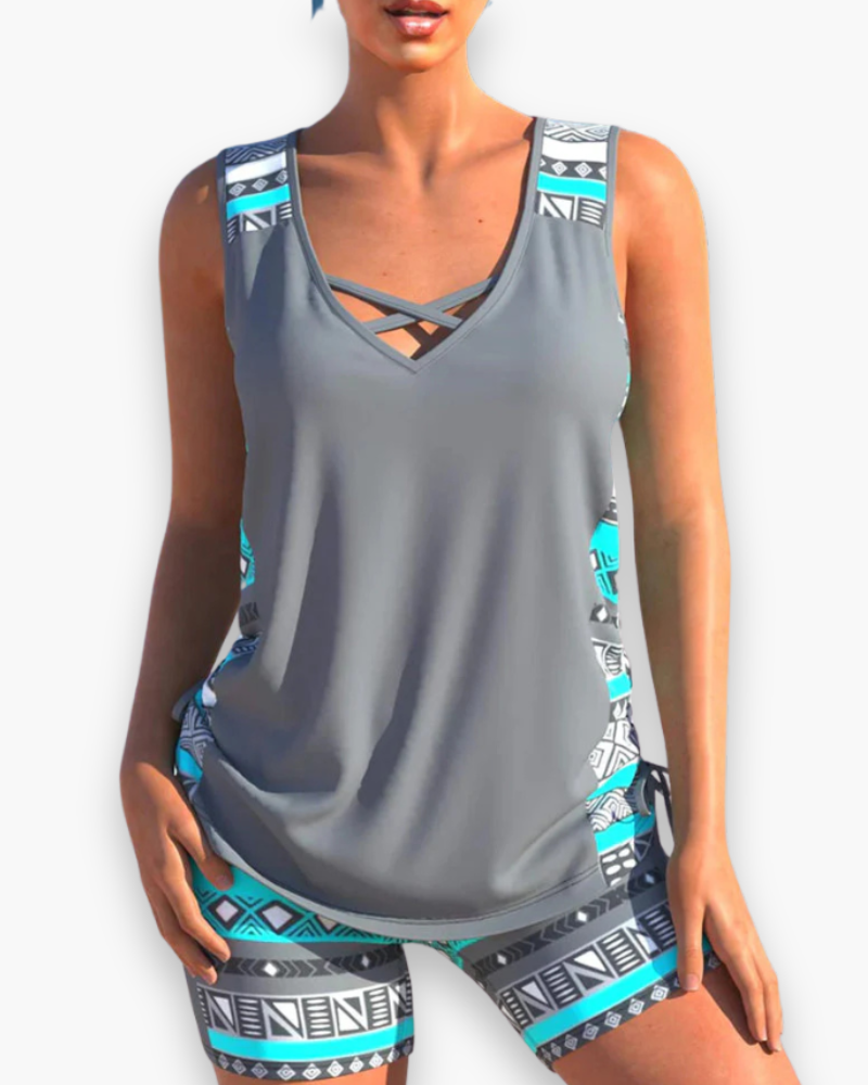 Eleganckie damskie dwuczęściowe tankini, podkreślające figurę, widok z przodu, idealne na plażę lub basen