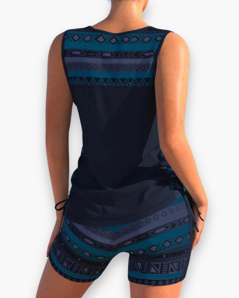 Eleganckie damskie dwuczęściowe tankini, podkreślające figurę, widok z przodu, idealne na plażę lub basen