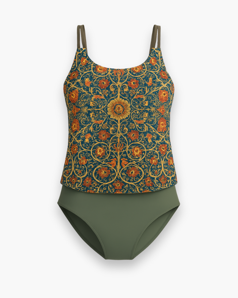 Eleganckie tankini damskie, nowoczesne wzory, lekki materiał, regulowane ramiączka, idealne na plażę i basen, letni styl.