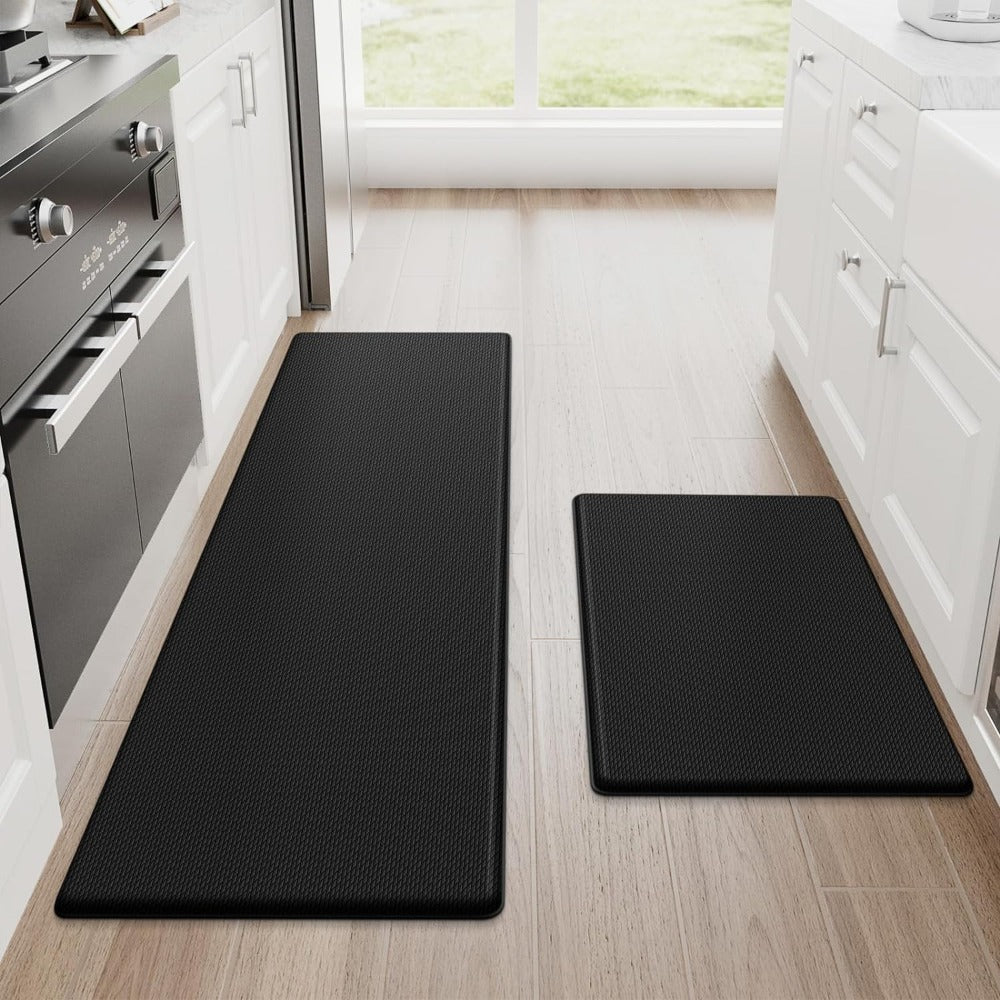 "Tapis de cuisine noir, antifatigue, ergonomique, antidérapant, soulage pieds, design élégant, bords biseautés"