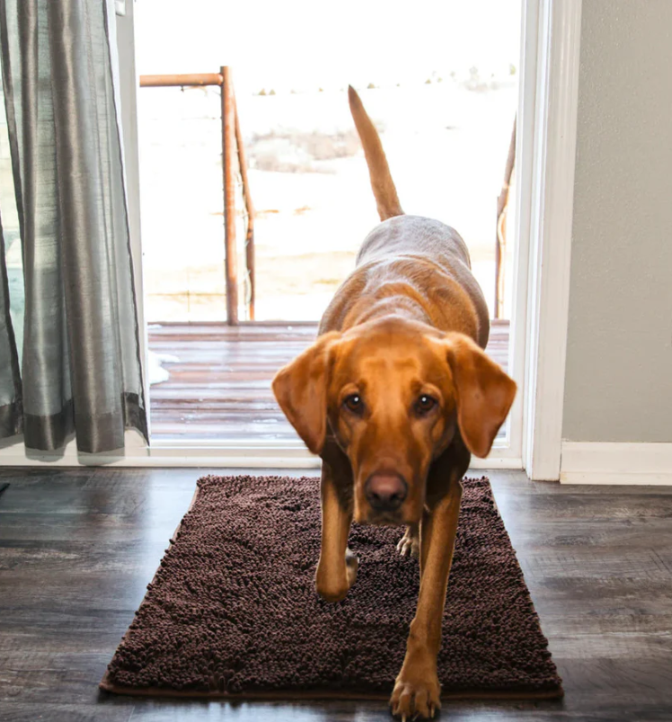 Szara mata z mikrofibry dla psa, superchłonna i antypoślizgowa, można prać w pralce, idealna dla czystej podłogi.