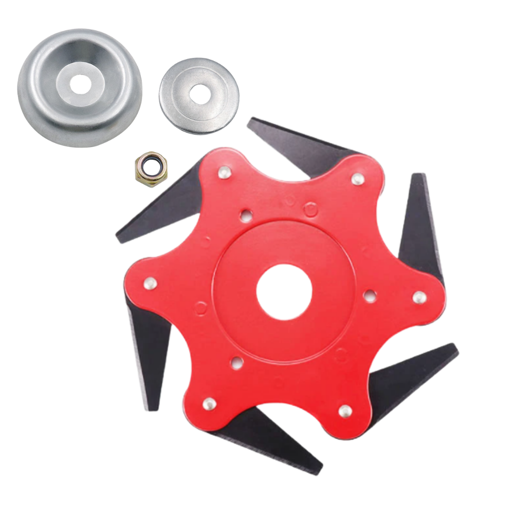 Głowica do kosy spalinowej z 6 stalowymi ostrzami, wysokiej jakości, do prac ogrodowych, precyzyjne i trwałe cięcie, w żywych kolorach.