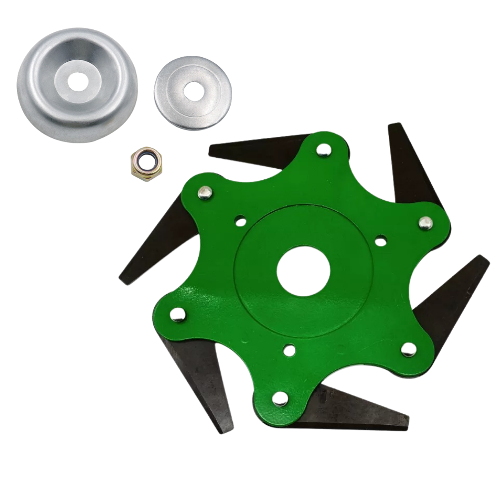 Głowica do kosy spalinowej z 6 stalowymi ostrzami, wysokiej jakości, do prac ogrodowych, precyzyjne i trwałe cięcie, w żywych kolorach.
