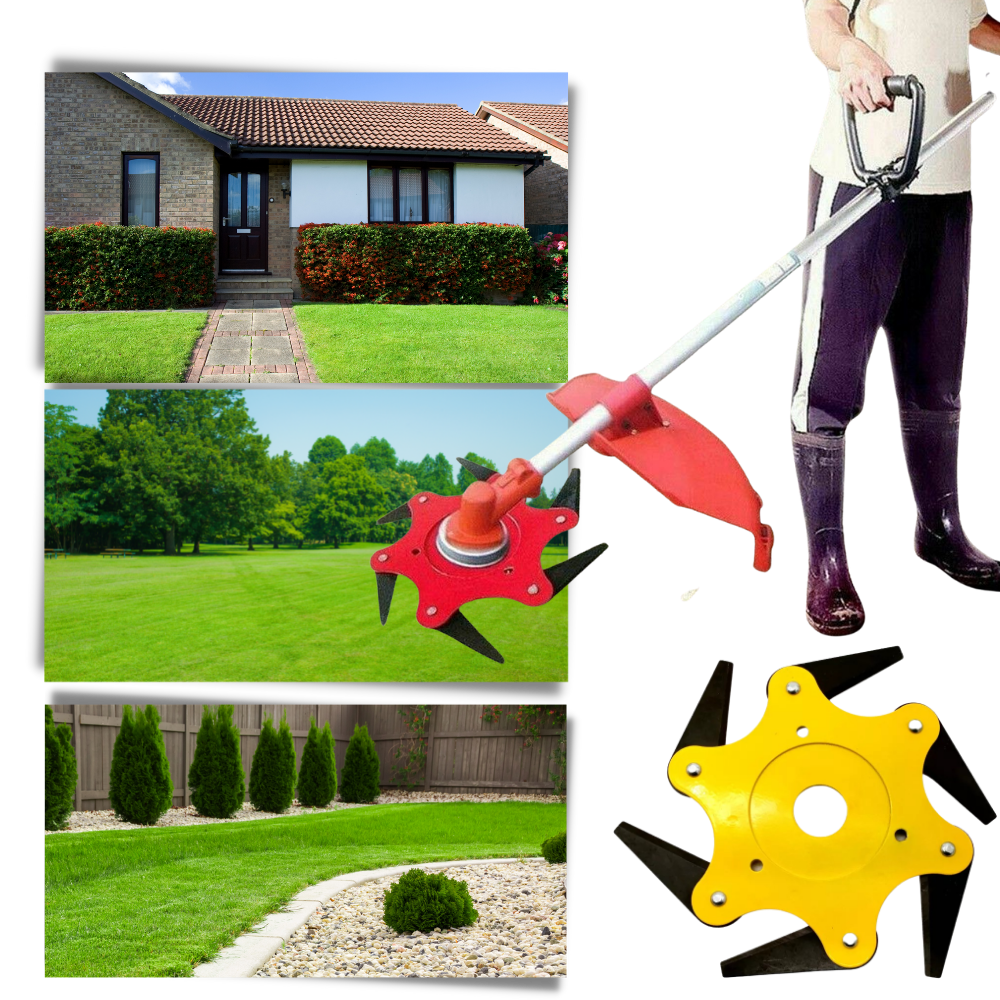 Głowica do kosy spalinowej z 6 stalowymi ostrzami, wysokiej jakości, do prac ogrodowych, precyzyjne i trwałe cięcie, w żywych kolorach.