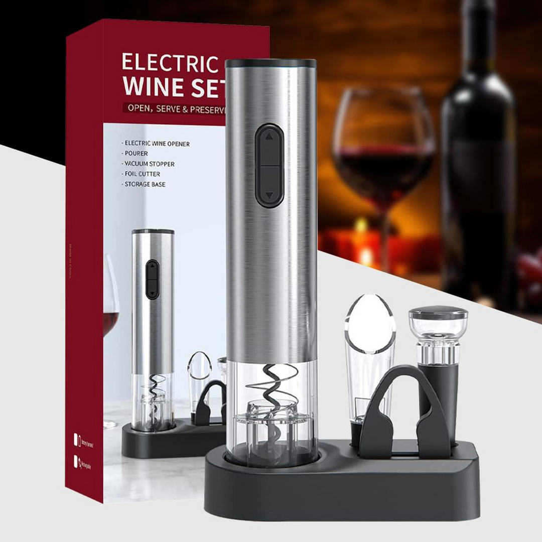 Elektryczny korkociąg ze stali nierdzewnej 5 w 1, elegancki zestaw z akcesoriami do łatwego otwierania butelek wina.