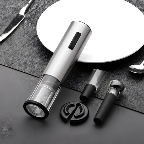 Elektryczny korkociąg ze stali nierdzewnej 5 w 1, elegancki zestaw z akcesoriami do łatwego otwierania butelek wina.