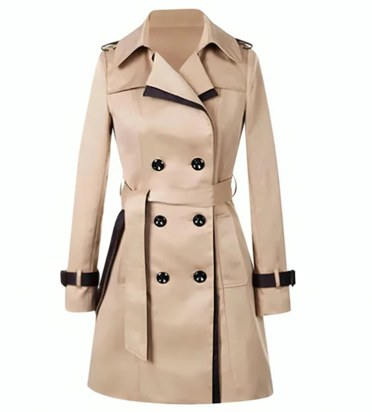 Nowoczesny beżowy trench coat damski z eleganckim krojem