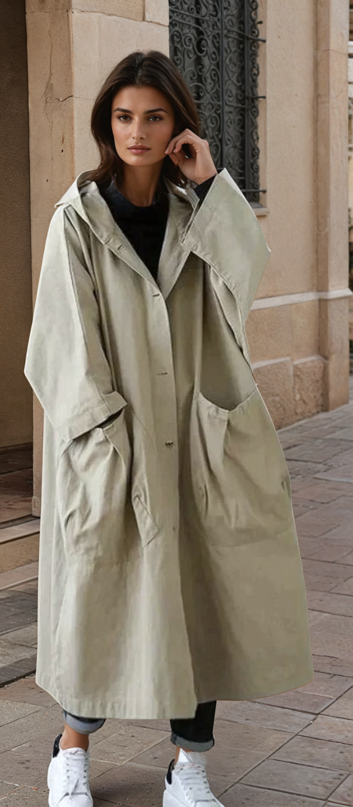Damski długi płaszcz z kapturem, elegancki i luźny, dla wyrafinowanego stylu w kolorze granatowym, khaki, czarnym lub czerwonym.